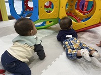 お友達と一緒に気になる遊具を見ている