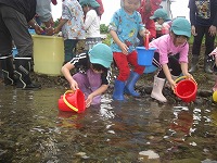川に稚鮎を流す子どもたち
