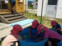 タライを使って水遊びをしています