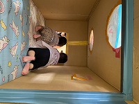 トンネルの中をハイハイで進む女の子2人