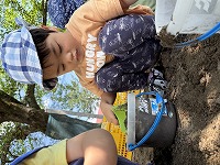 砂をすくってバケツに入れている男の子