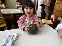 かぼちゃを触っている子ども