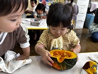 かぼちゃを触っている子ども